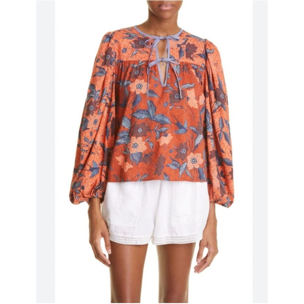 Ulla Johnson Orange and Blue Floral Blouse